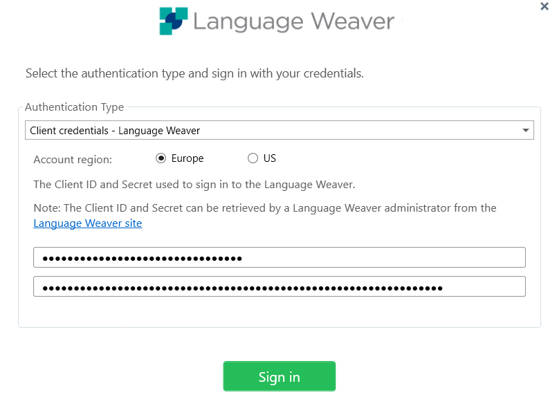 Language Weaver sign-in window with client credentials input fields filled, but no response upon clicking the Sign in button.