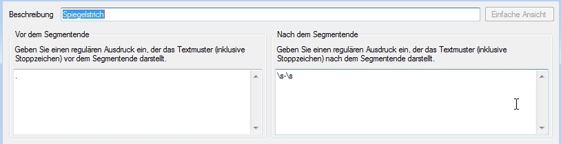 Trados Studio segmentation rules interface with a rule input field containing a dot symbol before the segment end and 's-ls' after the segment end.