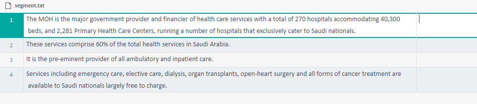 Screenshot of Trados Studio showing a segment.txt file with four lines of text about health services in Saudi Arabia, no visible errors or warnings.