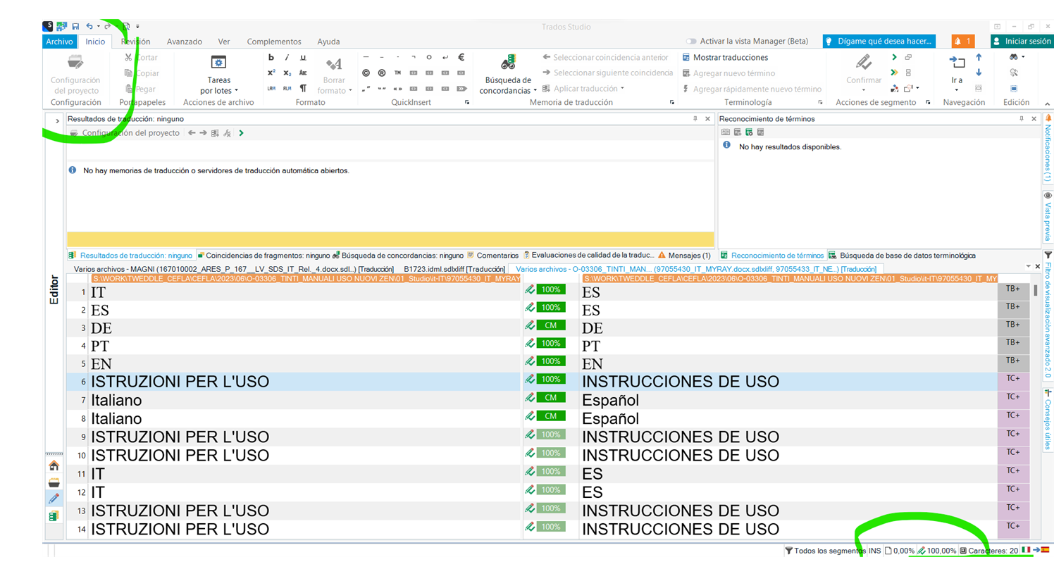 Screenshot of Trados Studio with an inactive project settings box and a message stating 'No translation memories or translation servers are open.'
