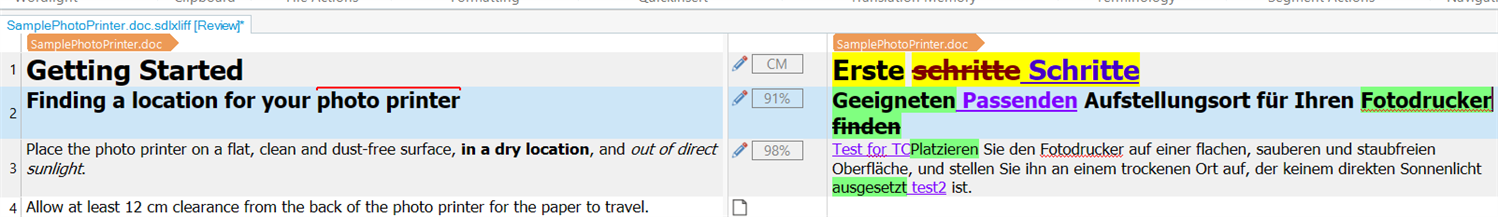 Screenshot of a document comparison tool showing text in English on the left and German on the right, with no visible errors or warnings.