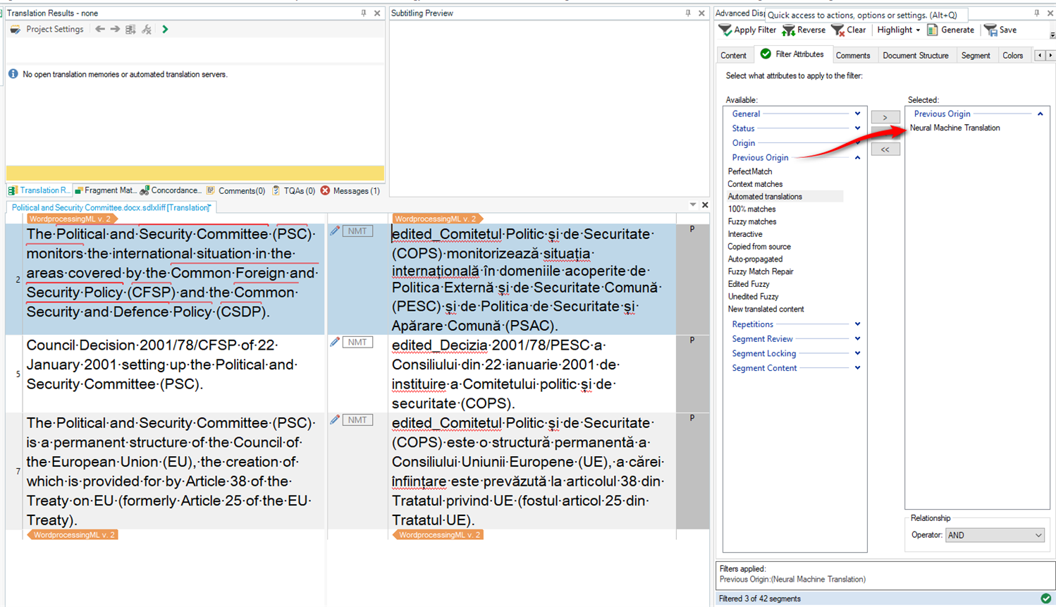 Trados Studio filter settings window with 'Previous Origin' selected and 'Neural Machine Translation' highlighted, indicating a filter applied to the translation segments.