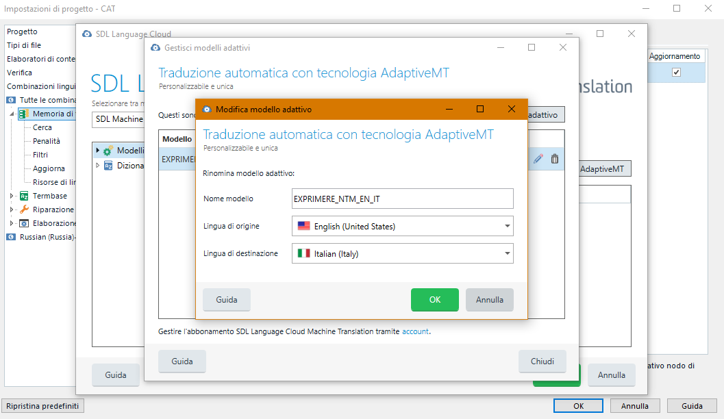 Trados Studio settings showing SDL Language Cloud with an open dialog box for modifying an adaptive model named 'EXPRIMERE_NTM_EN_IT' with source language English (United States) and target language Italian (Italy).