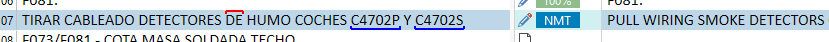 Screenshot of a software interface showing a term 'CABLEADO DETECTORES DE HUMO COCHES' not being recognized despite being in the database.