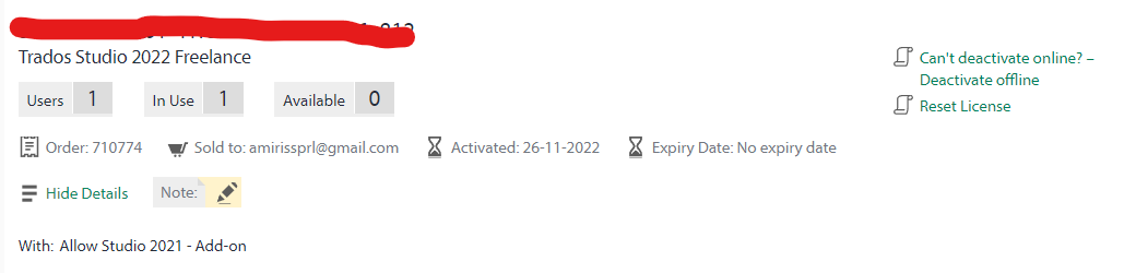 Trados Studio 2022 Freelance license details showing 1 user, in use, and no available licenses with options to deactivate offline and reset license.