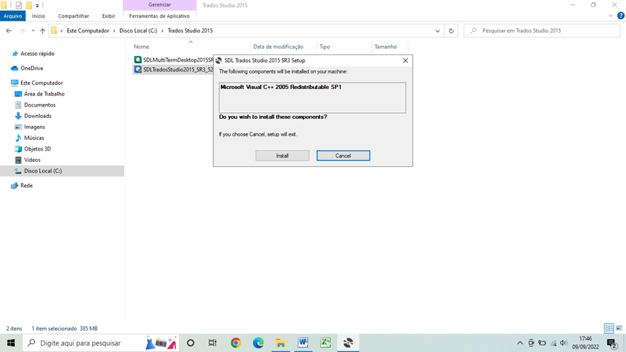 Trados Studio 2015 setup window showing a message that Microsoft Visual C++ 2005 Redistributable SP1 will be installed on the machine with options to Install or Cancel.