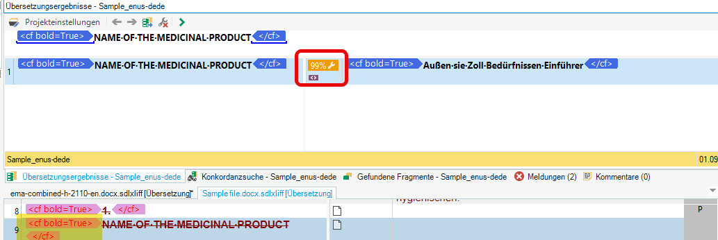 Screenshot showing a 99% match in Trados Studio with unnecessary formatting tags around 'NAME OF THE MEDICINAL PRODUCT' due to visible tracked changes.