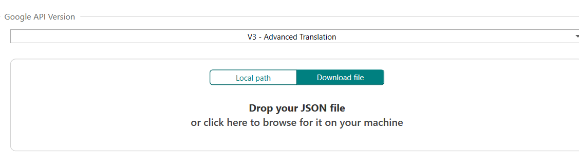 Trados Studio interface showing a drop zone for a JSON file with options for 'Local path' and 'Download file'.