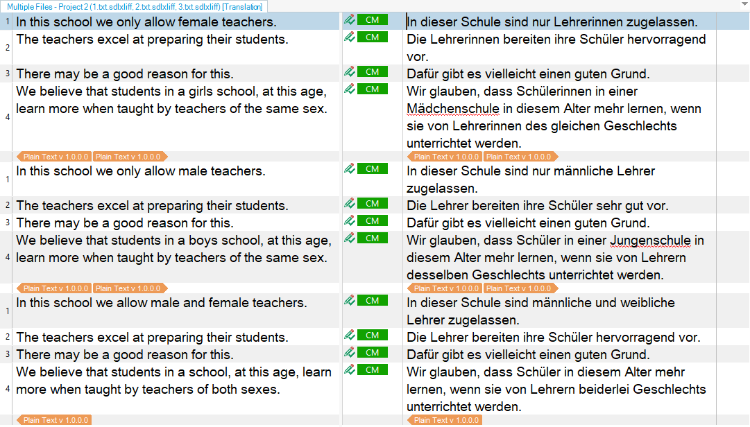 Screenshot of Trados Studio displaying translation matches with 'CM' labels for segments in a file with female teacher context.