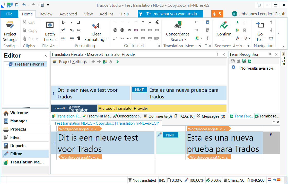 Screenshot of RWS AppStore application interface showing a translation software with a Dutch to Spanish translation example. No errors or warnings visible.