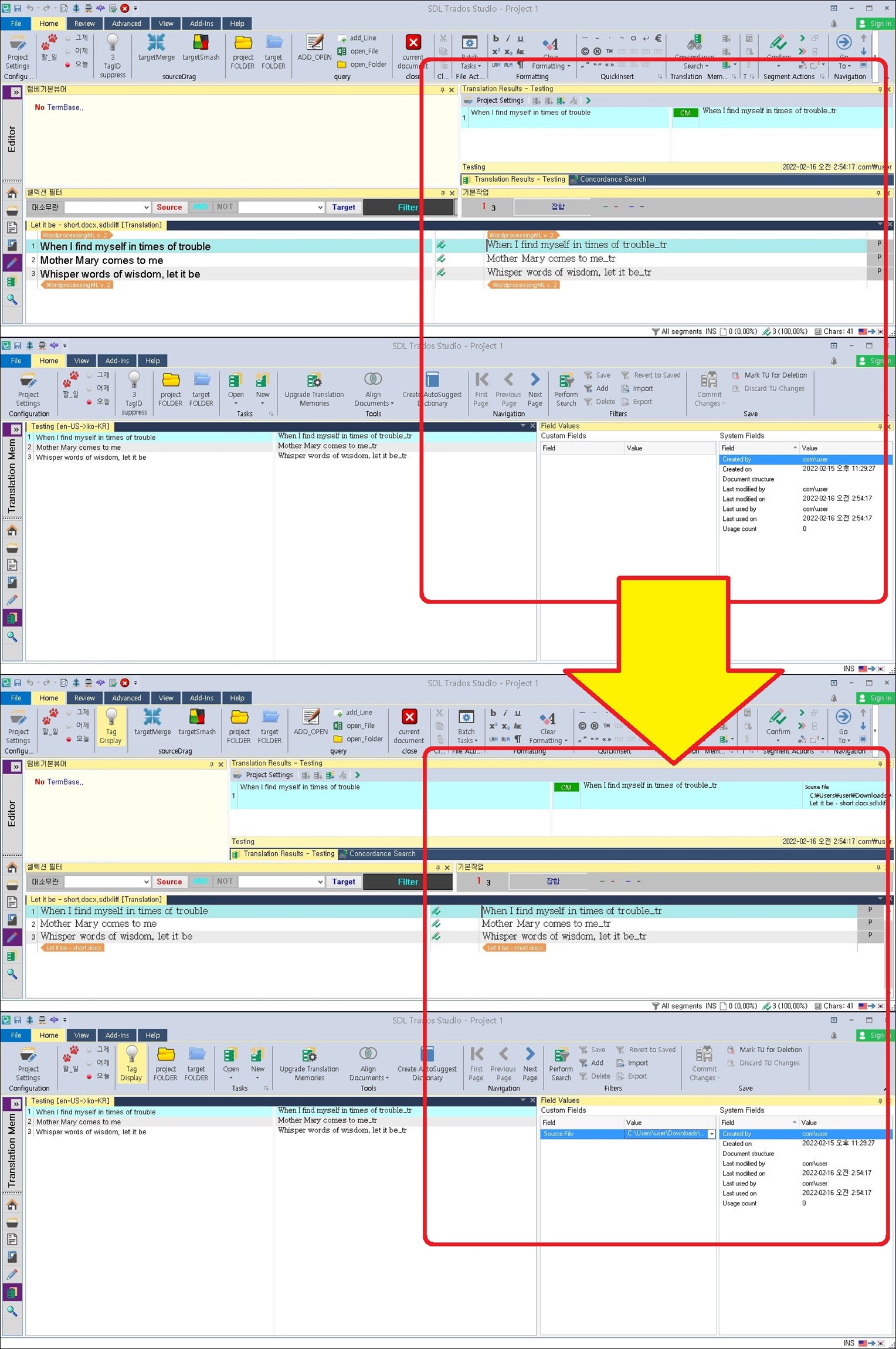 Trados Studio interface showing a project with translation results and an error message 'No TM Database.'