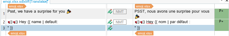 Screenshot showing the translation of two sentences containing emoji's in Trados Studio.