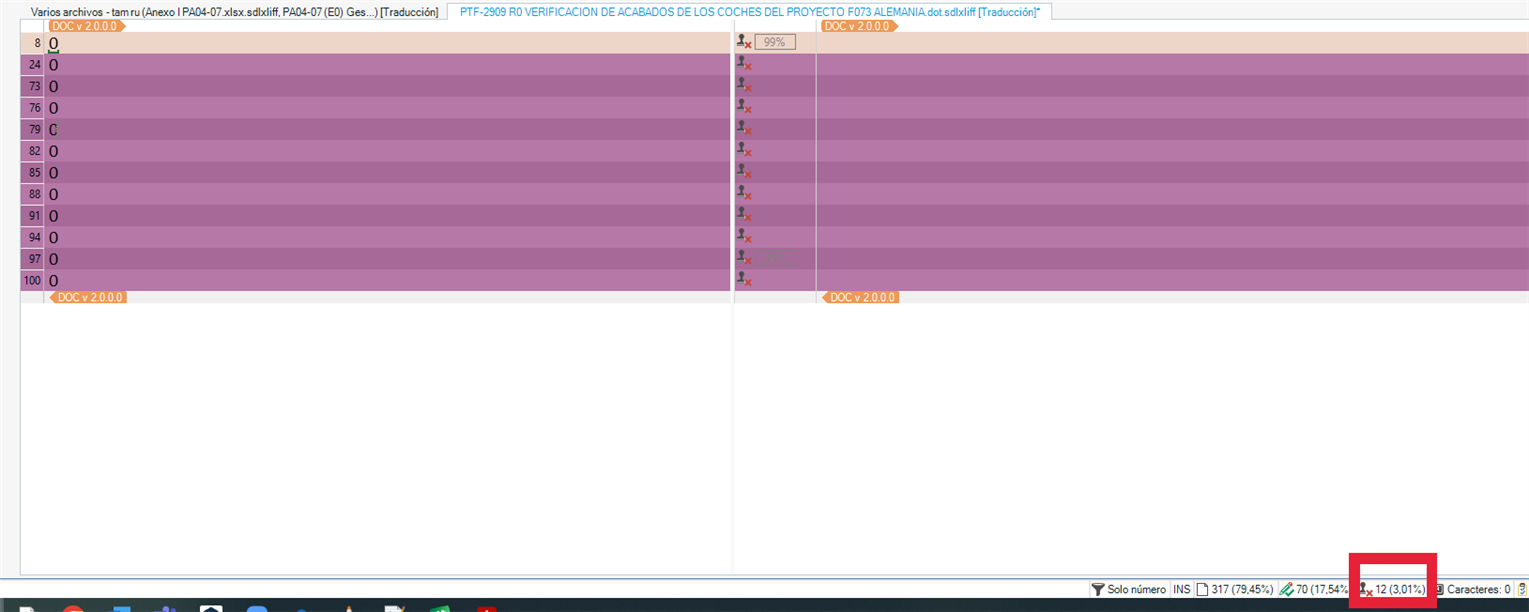 Screenshot of Trados Studio interface showing a list of segments with some marked with a red 'x' symbol, indicating rejected segments. The lower counter bar displays numbers and percentages of filtered segments.