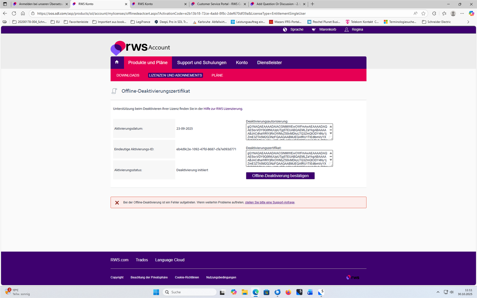Screenshot of the RWS Account page showing the Offline Deactivation Certificate section. It includes activation date, unique activation ID, deactivation status, and deactivation authorization codes. A red error message at the bottom states 'Bei der Offline-Deaktivierung ist ein Fehler aufgetreten. Wenn weiterhin Probleme auftreten, stellen Sie bitte eine Support-Anfrage.'