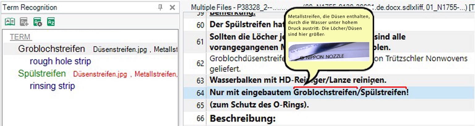 Screenshot of Trados Studio with a term recognition pane and a tooltip over the highlighted term 'Sp lstreifen' in the editor pane, displaying additional information from a source called 'NIPPON NOZZLE'.