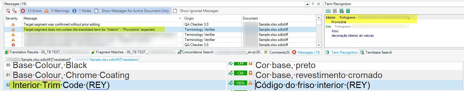 Trados Studio message window showing 13 errors and 5 warnings, including a terminology verifier error for not using 'Interim' in the target segment.
