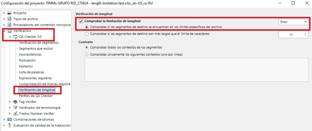 Trados Studio project settings showing an error in 'Verification of length' with a red error icon and a dropdown set to 'Error'.