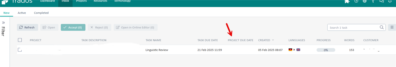 Screenshot of Trados Team Ideas interface showing a task with the 'Linguistic Review' task name and a due date of '21 Feb 2025 11:59'. A red arrow points to an empty 'PROJECT DUE DATE' column.