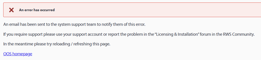 Error message in Trados Studio stating 'An error has occurred' with instructions to notify system support, seek support, or refresh the page.