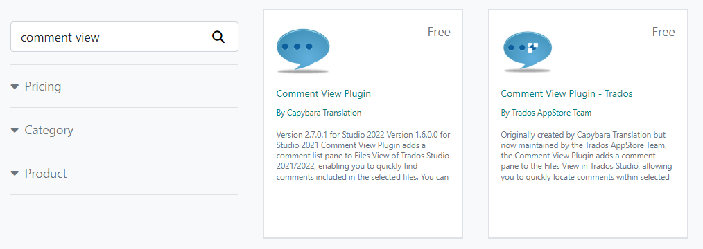Screenshot of a search result for 'comment view' in an app store showing two versions of Comment View Plugin. The left one is by Capybara Translation for version 2.7.0.1, and the right one is maintained by the Trados AppStore Team.