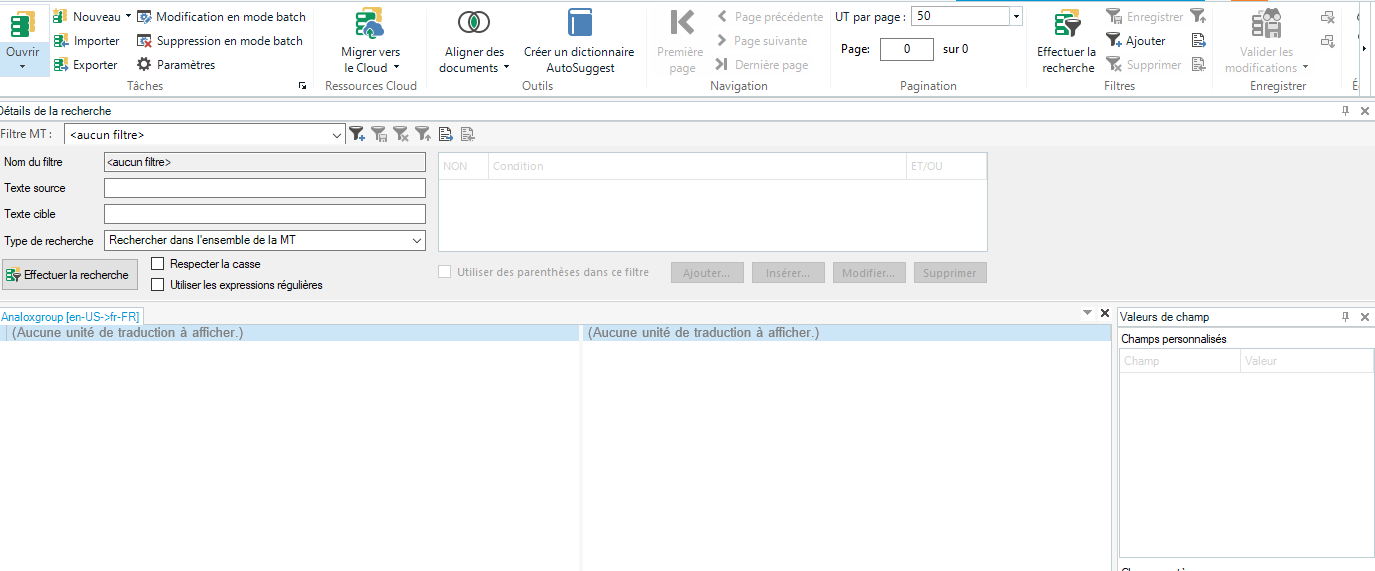 Trados Studio interface showing an empty Translation Memory search with a message 'No translation units to display' in French.
