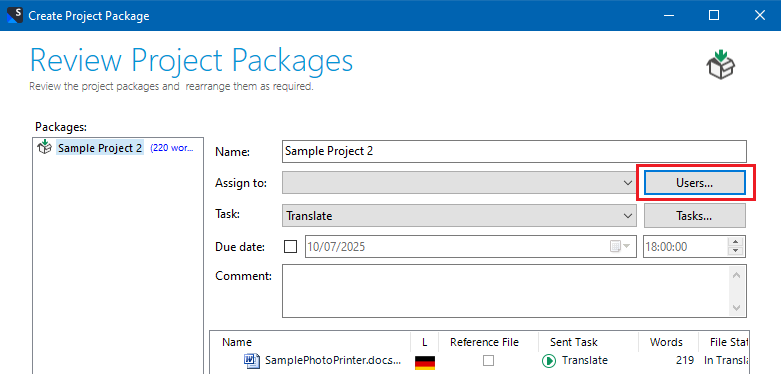 Review Project Package with Users button highlighted