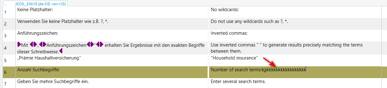Trados Studio error message in the search options indicating a string of repeated characters 'jkjkjkjkjkjkjkjkjkjkjk' in the 'Number of search terms' field, suggesting an input error.