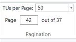 Screenshot showing the pagination section of Trados Studio with an error where the user has input 'Page 42 out of 37', indicating an attempt to access a non-existent page beyond the total page count.