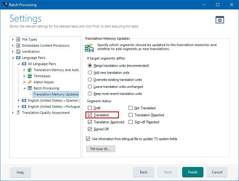 Translation Mmeory update - batch task, with Translated checkbox ticked