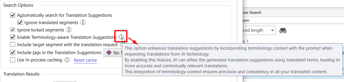 Trados Studio search options with 'Enable Terminology-aware Translation Suggestions' checked and tooltip explaining the feature.