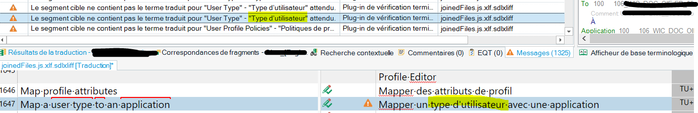 Trados Studio interface displaying translation results with warnings about untranslated terms for 'User Type' and highlighted segments in the editor.