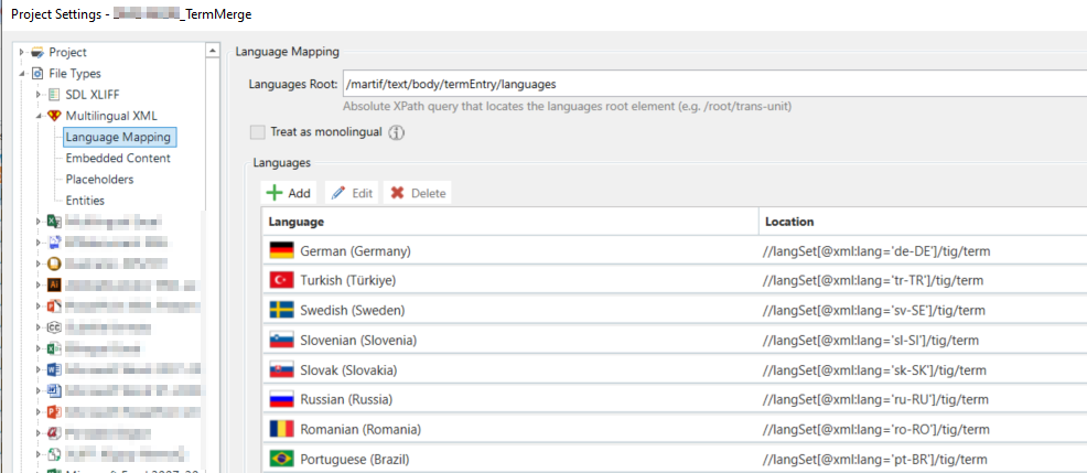 Screenshot of project settings in a software interface showing Multilingual XML file type configuration with language mappings for German, Turkish, Swedish, Slovenian, Slovak, Russian, Romanian, and Portuguese.