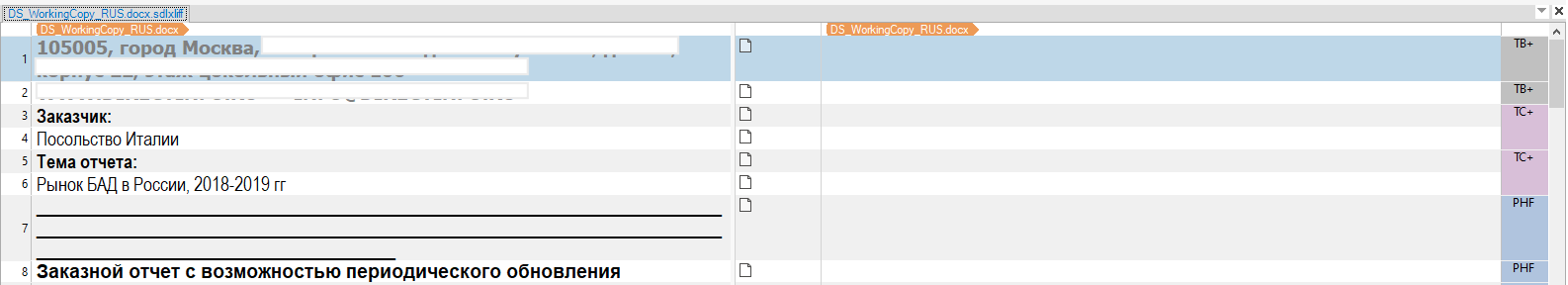 Trados Studio interface displaying a Russian to Italian translation project with segments and no visible errors.