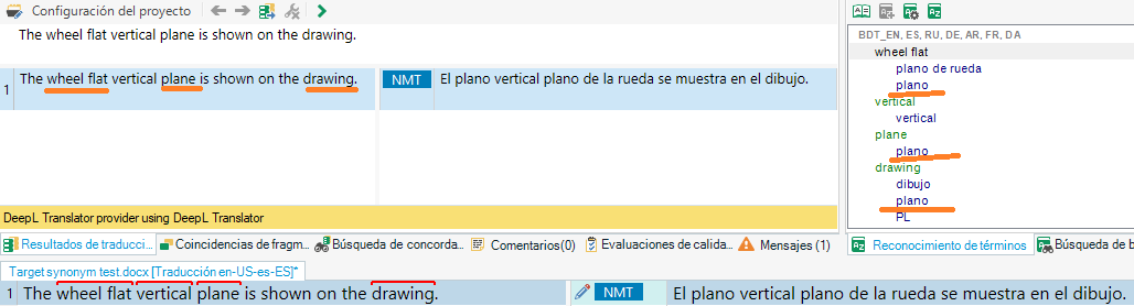 Screenshot of MultiTerm software showing a translation project configuration with a highlighted text 'The wheel flat vertical plane is shown on the drawing.' in English and its Spanish translation.