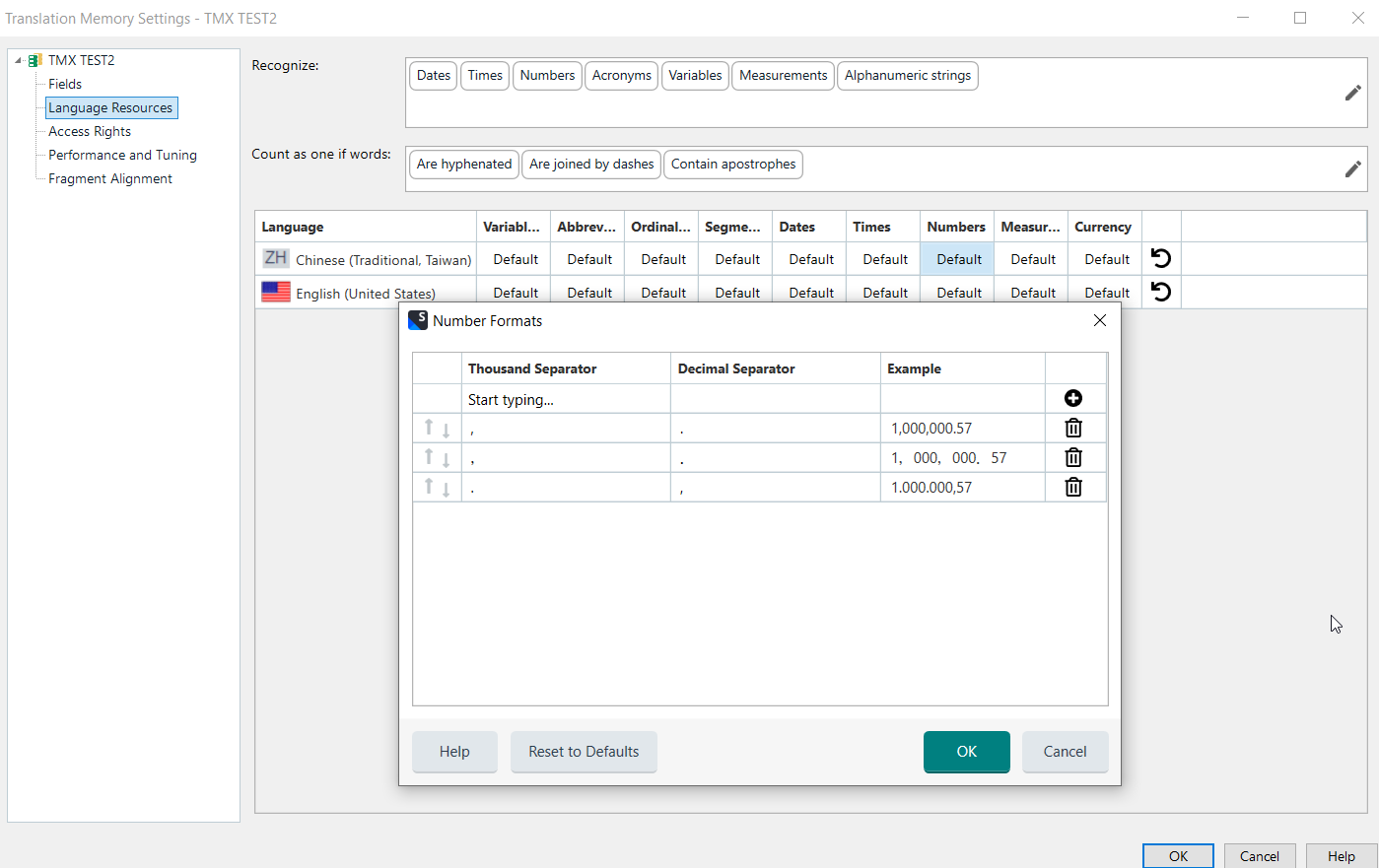 Trados Studio Translation Memory Settings window showing TMX TEST2 with tabs for Fields, Language Resources, Access Rights, Performance and Tuning, Fragment Alignment. Number Formats section is open with options for Thousand Separator and Decimal Separator for Chinese (Traditional, Taiwan) and English (United States).