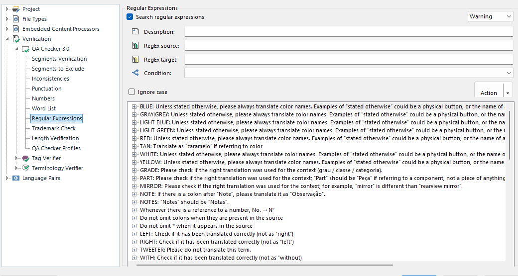 Trados Studio screenshot showing the Regular Expressions verification settings with a list of rules and their descriptions, such as color name translations and specific term checks.