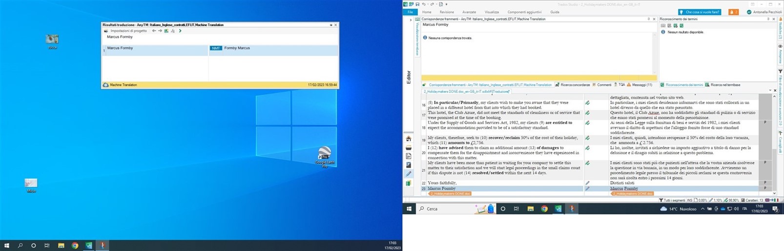 Screenshot of a desktop with Trados Studio's floating 'Translation result' window displaying 'Machine Translation' and a name 'Marcus Formby', with time stamp 17022023 16:59:44.