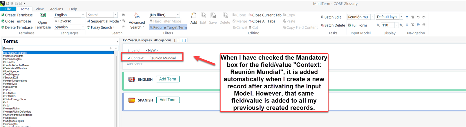 MultiTerm Desktop interface showing 'Context: Reunion Mundial' added to a new term record with 'Mandatory' checked.