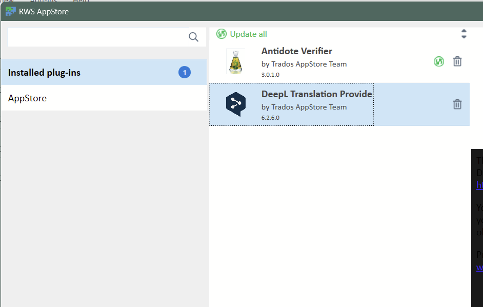 RWS AppStore window showing installed plugins, including DeepL Translation Provider version 6.2.6.0 and Antidote Verifier version 3.0.1.0.