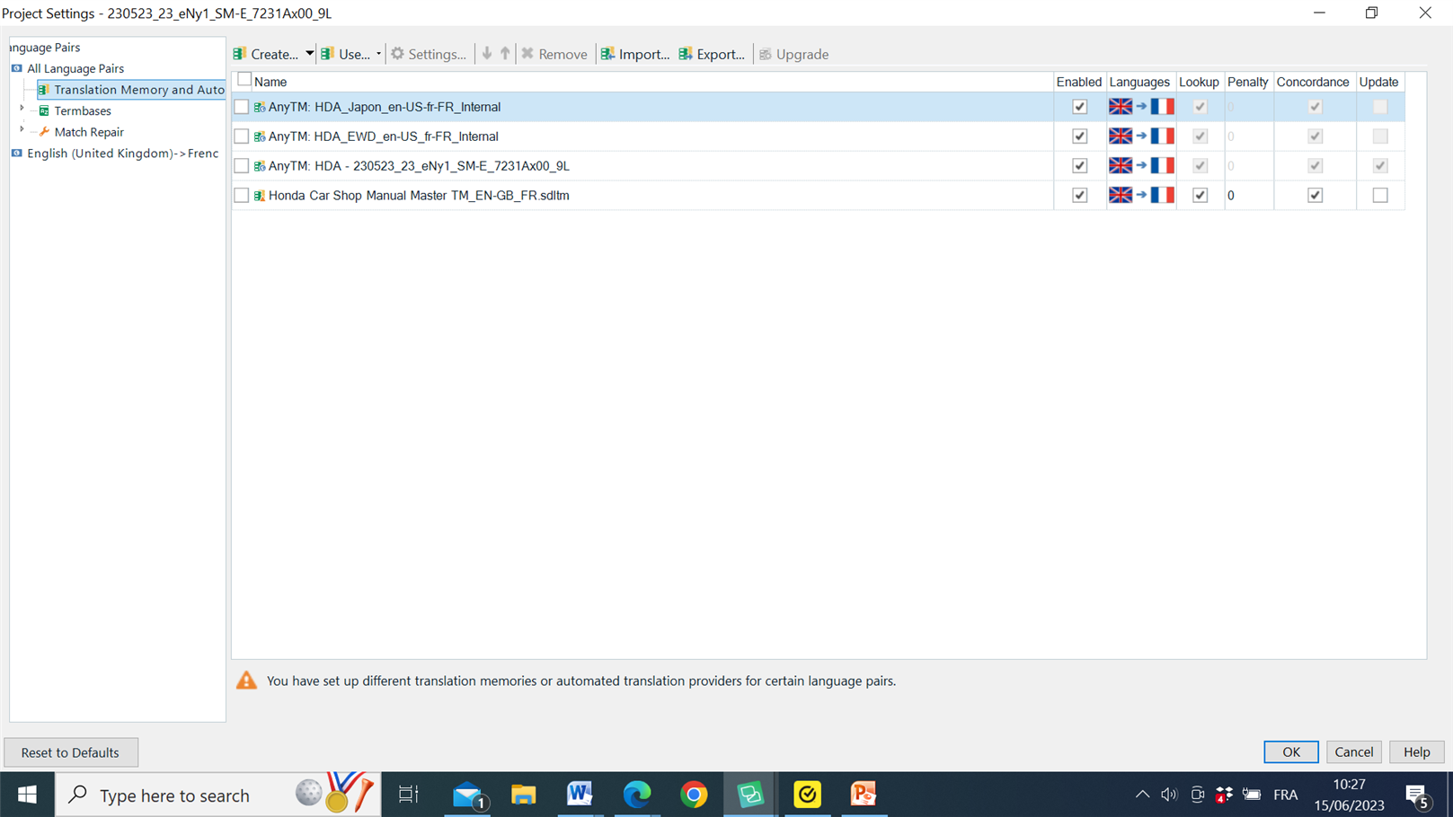 SDL Trados Studio 2019 Project Settings window showing Translation Memory and Automated Translation settings with a warning message 'You have set up different translation memories or automated translation providers for certain language pairs.'