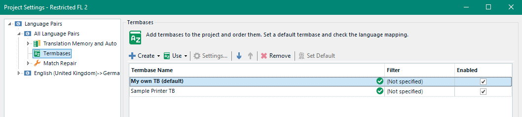 Screenshot of Trados Studio Project Settings showing 'My own TB' set as the default termbase with a green checkmark.