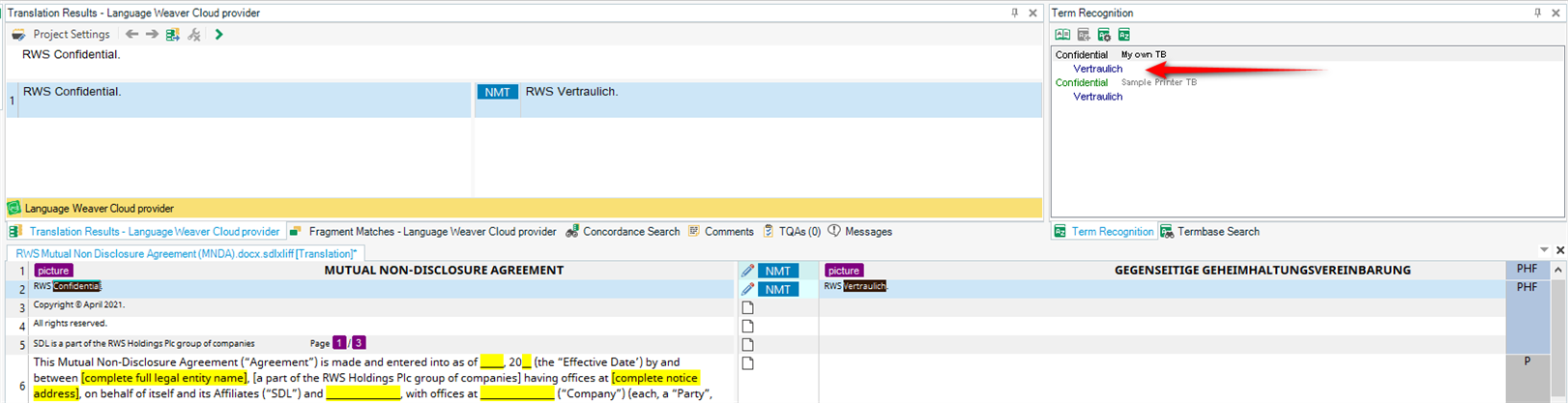 Screenshot of Trados Studio showing the Translation Results pane with Language Weaver Cloud provider and Term Recognition pane with a highlighted term 'Confidential'.