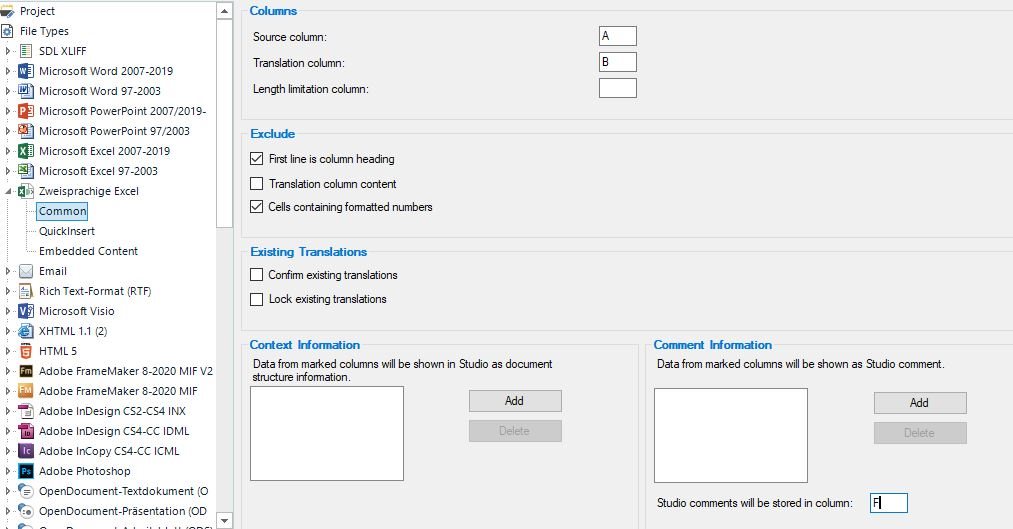 Trados Studio settings window showing File Types list with 'Zweisprachige Excel' and 'Common' selected. Columns settings with Source column: A, Translation column: B, and Length limitation column: blank.