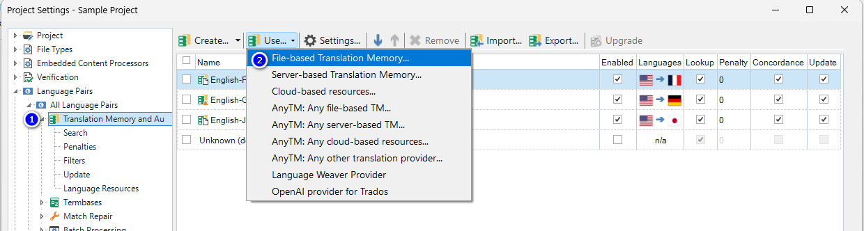 Trados Studio Project Settings window showing Translation Memory and Automated Translation with 'File-based Translation Memory...' highlighted.