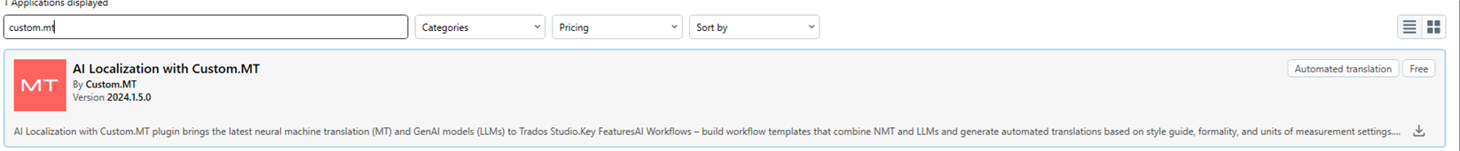 Search result for 'custom.mt' in RWS AppStore displaying AI Localization with Custom.MT plugin, version 2024.15.0, with a description of its features and functionality.