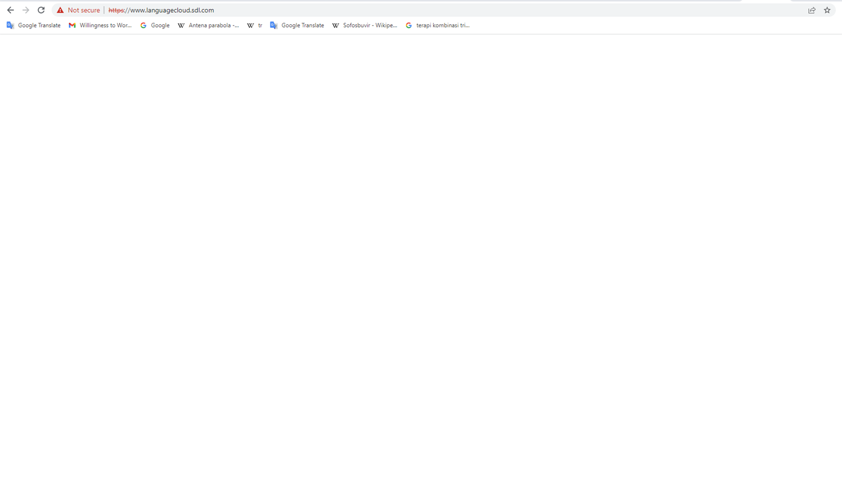 Web browser displaying a blank page with the address bar showing 'https:www.languagecloud.sdl.com'.