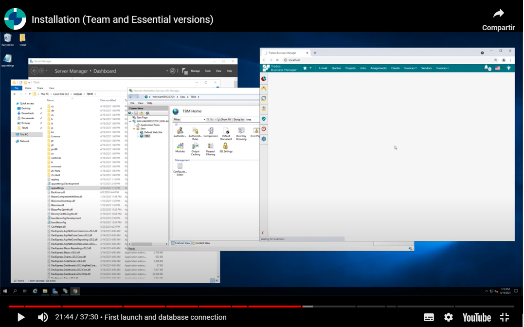 Screenshot of Trados Business Manager installation video paused at 21:44 showing Server Manager Dashboard and TBM Home with a message 'Waiting for localhost.'