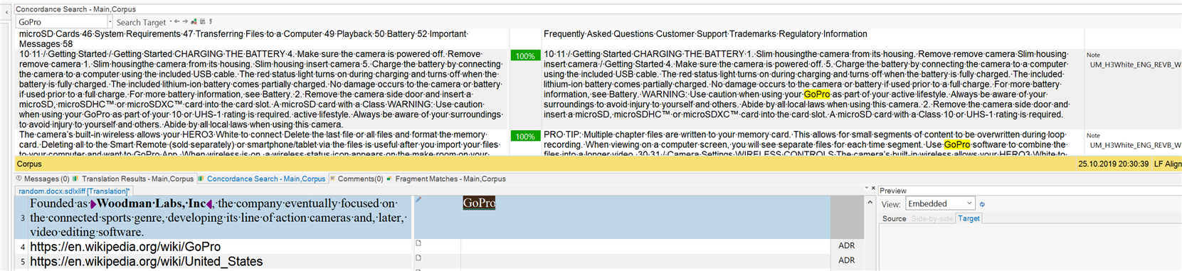 Screenshot of Trados Studio showing a concordance search with results for 'GoPro' in the main corpus, including links to Wikipedia articles.