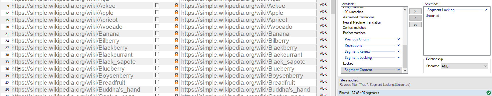 Trados Studio interface showing a list of URLs with checkboxes, indicating they are unlocked despite the user's attempt to lock them after copying source to target.