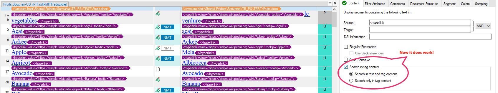 Trados Studio screenshot showing a list of hyperlinked fruits with their corresponding Wikipedia links. A search option panel on the right with 'Search in tag content' option circled and a note saying 'Now it does work!'